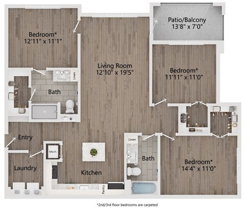 Floor plan for 3 beds, 2 baths, 1344 sqft